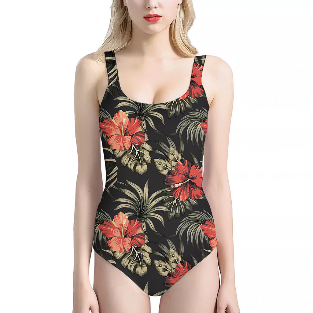 Vintage Tropical Hibiscus Floral Print One Piece Halter Neck Swimsuit