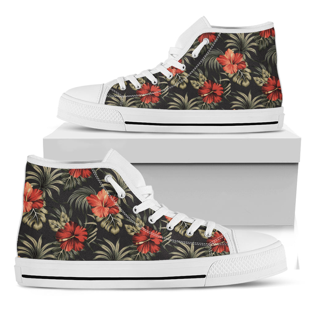 Vintage Tropical Hibiscus Floral Print White High Top Shoes