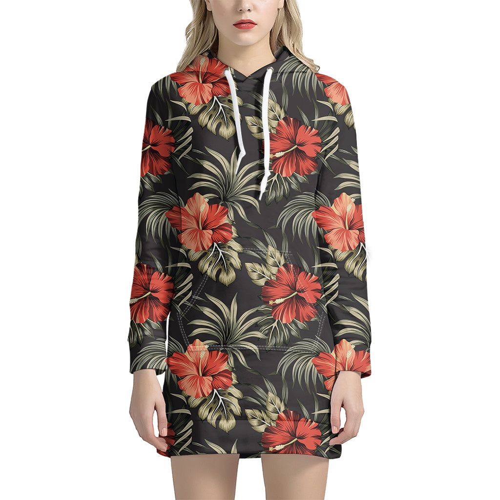 Vintage Tropical Hibiscus Floral Print Women's Pullover Hoodie Dress