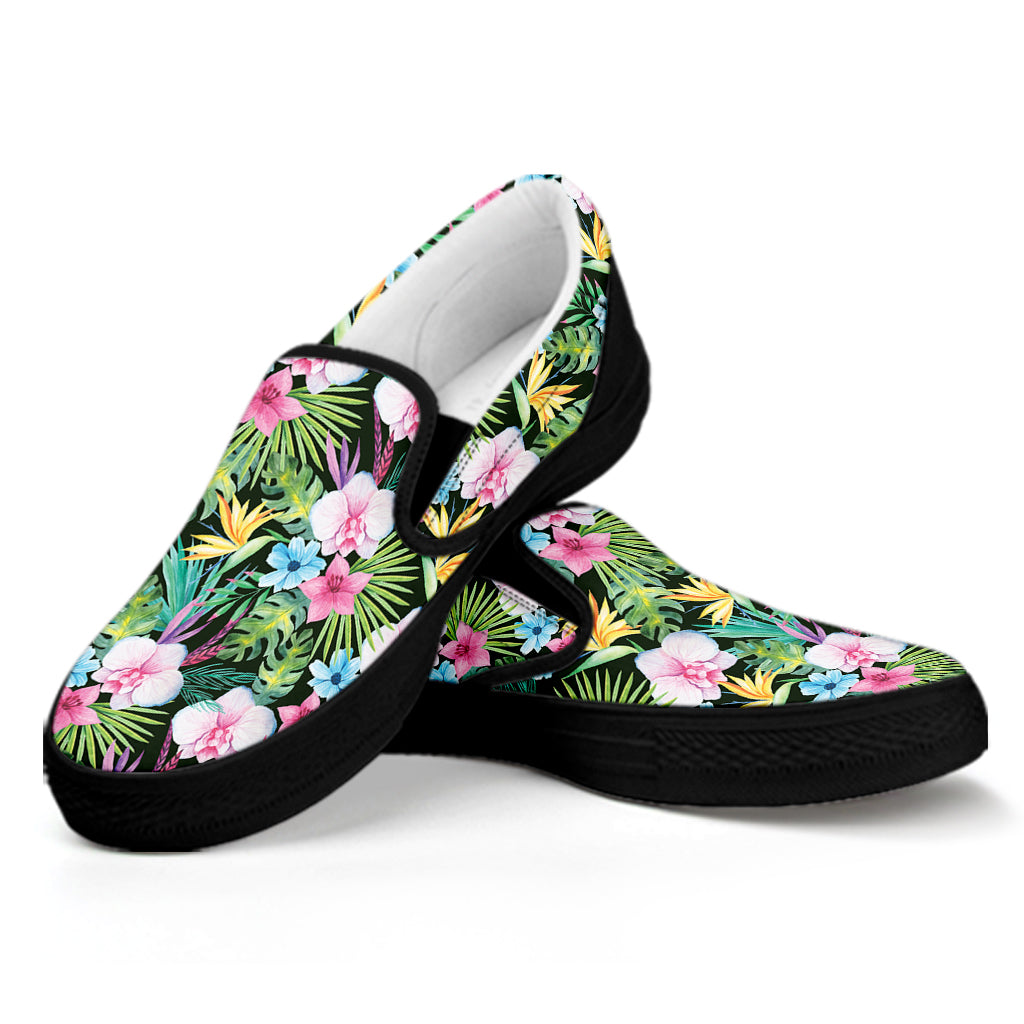 Vintage Tropical Jungle Hawaiian Print Black Slip On Shoes