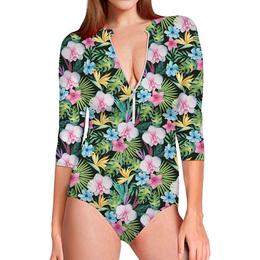 Vintage Tropical Jungle Hawaiian Print Long Sleeve One Piece Swimsuit