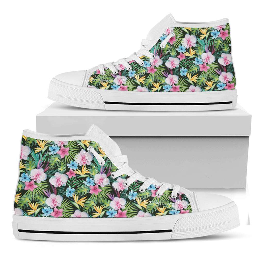 Vintage Tropical Jungle Hawaiian Print White High Top Shoes