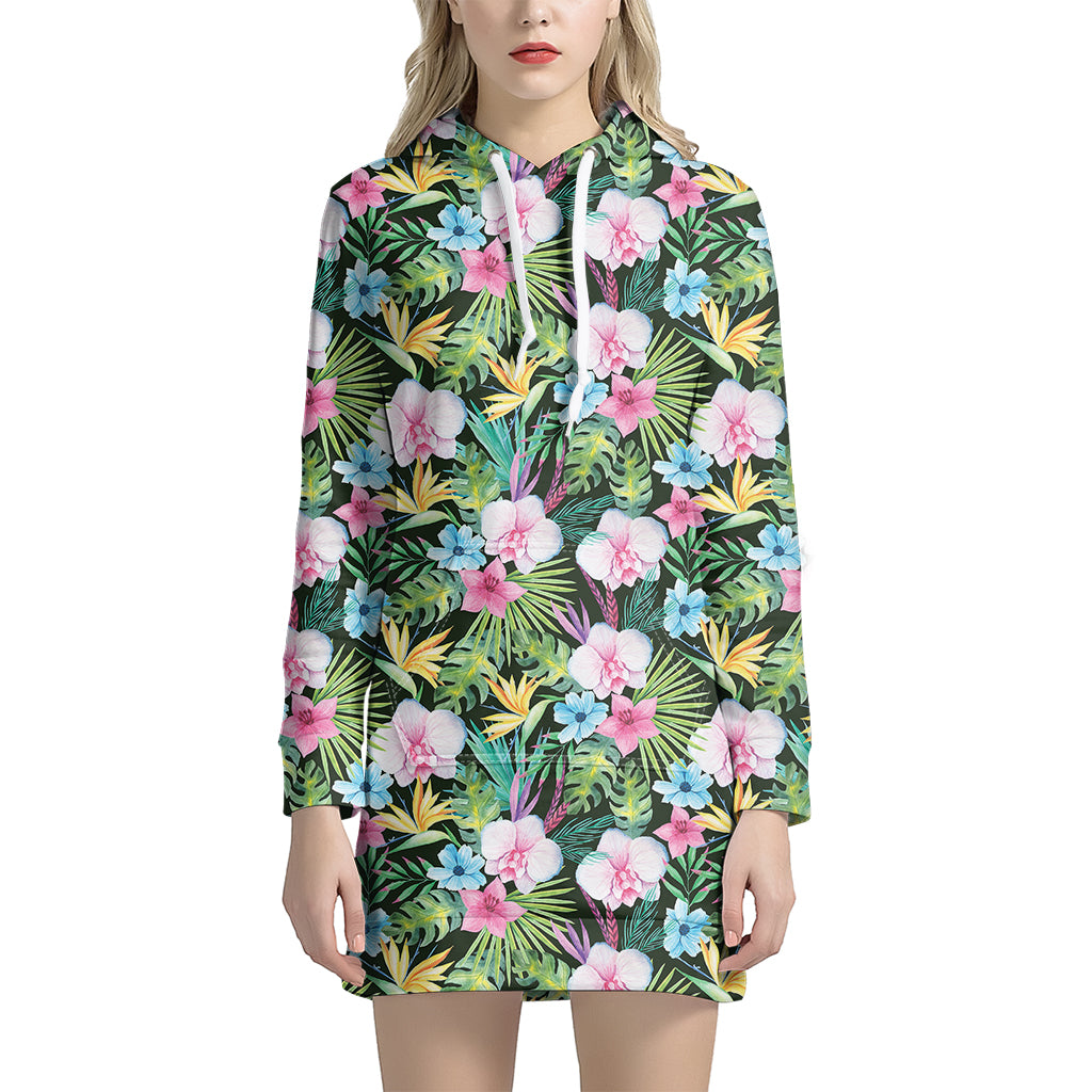 Vintage Tropical Jungle Hawaiian Print Women's Pullover Hoodie Dress