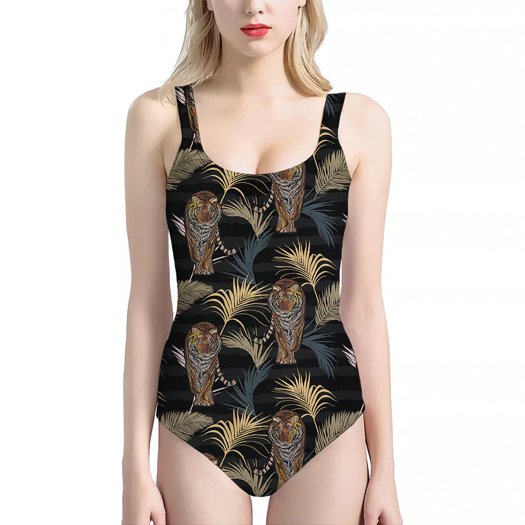 Vintage Tropical Tiger Pattern Print One Piece Halter Neck Swimsuit