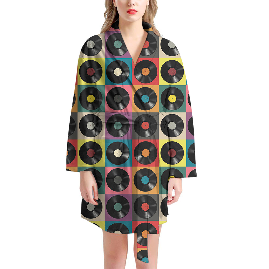 Vintage Vinyl Records Pattern Print Women's Bathrobe