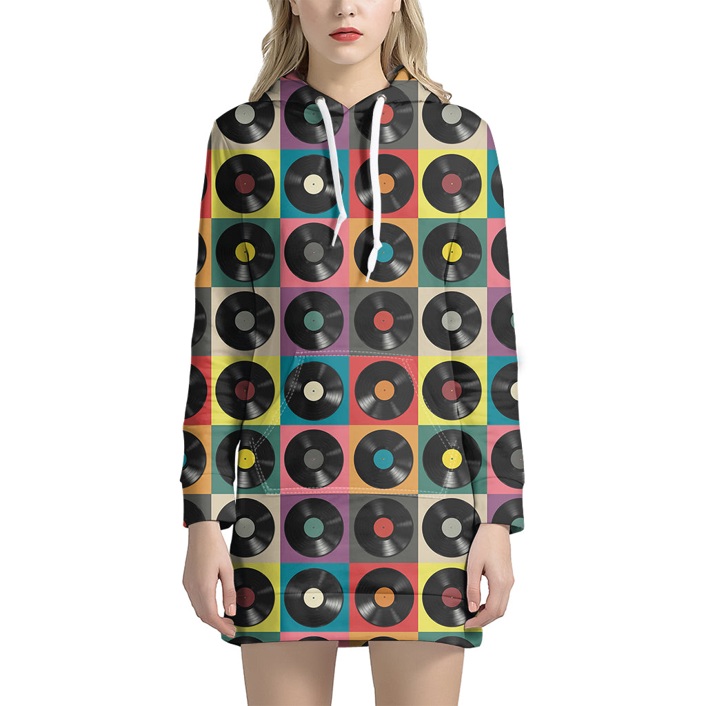 Vintage Vinyl Records Pattern Print Women's Pullover Hoodie Dress