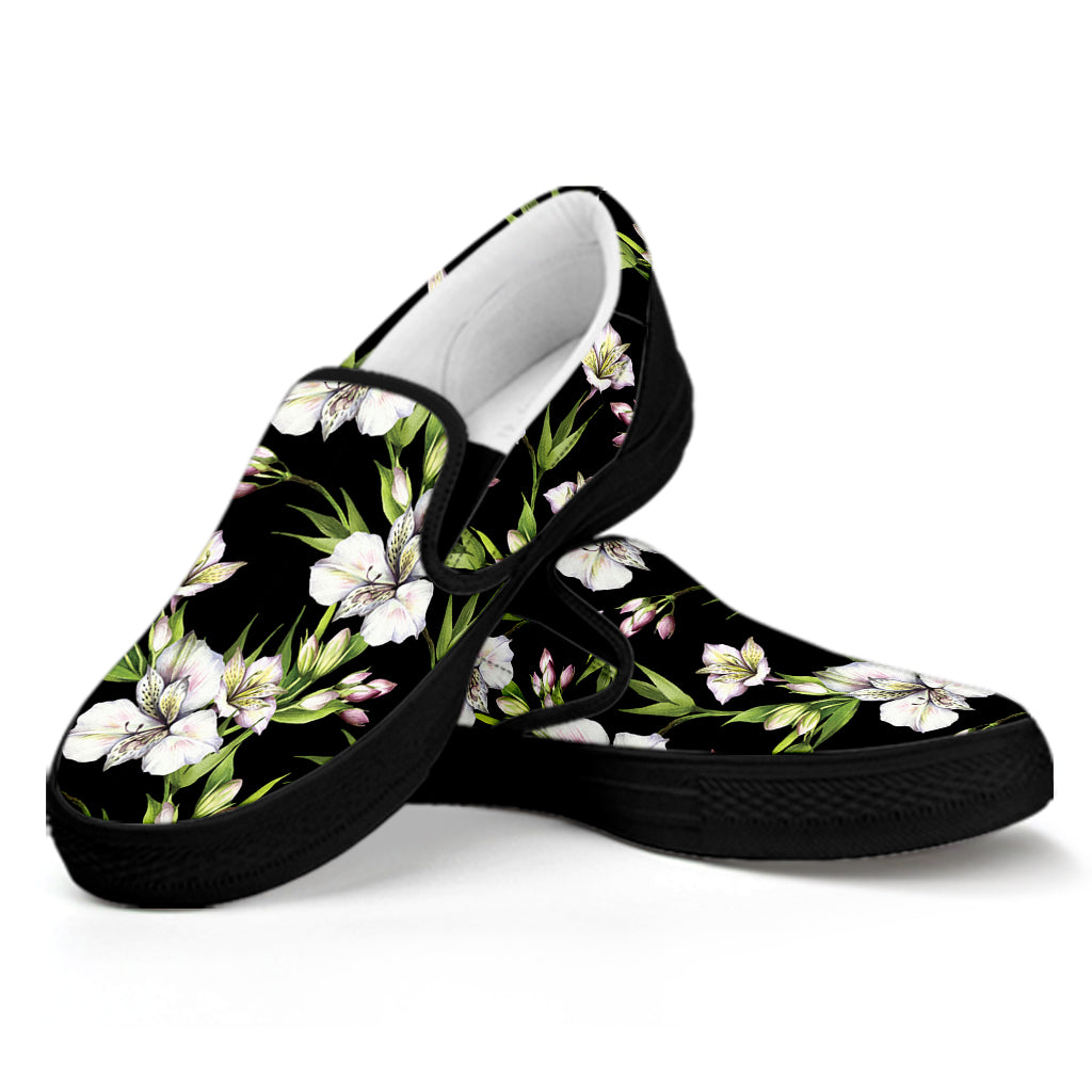 Watercolor Alstroemeria Pattern Print Black Slip On Shoes