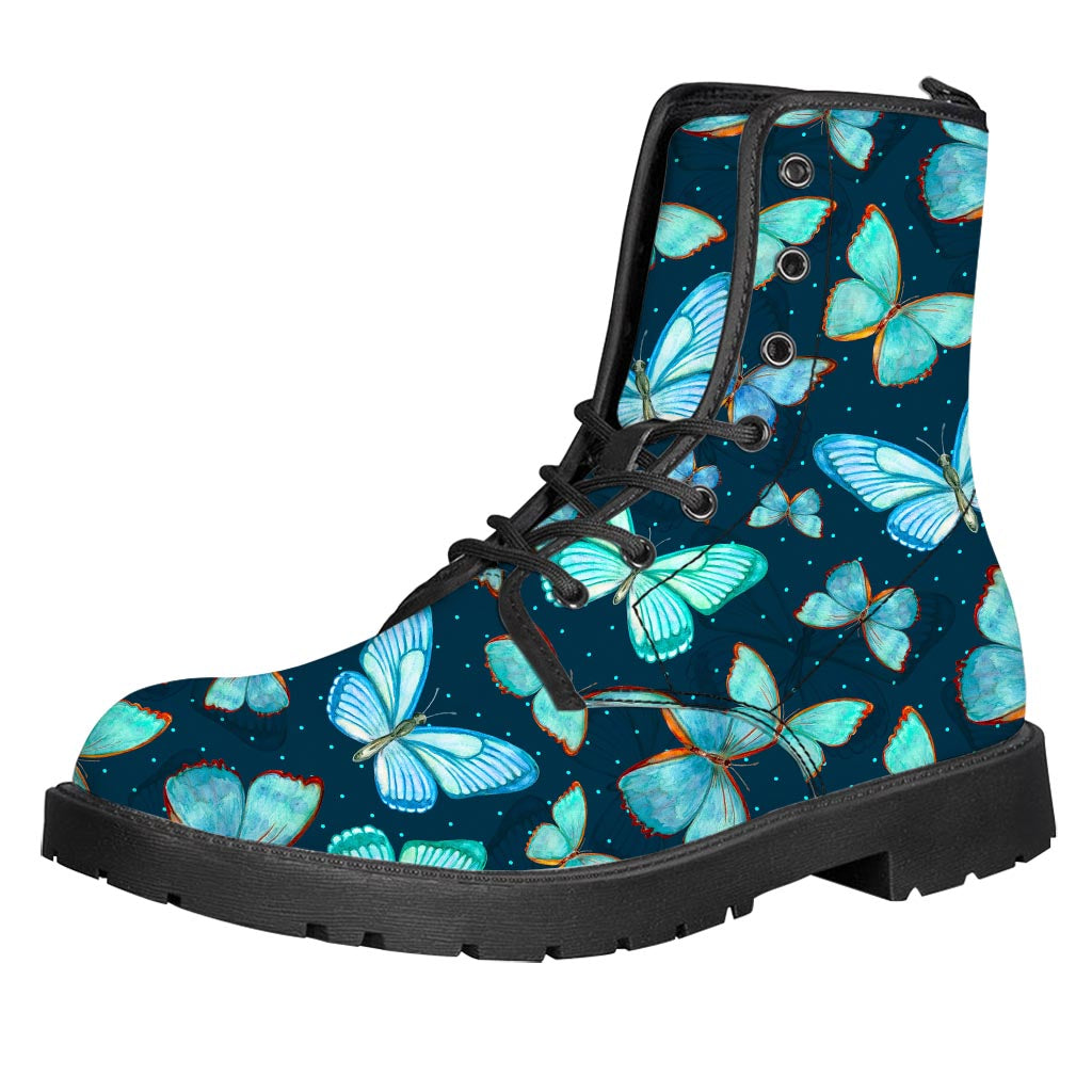 Watercolor Blue Butterfly Pattern Print Leather Boots