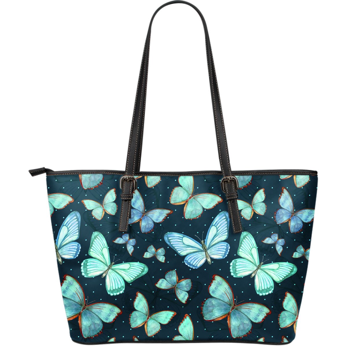 Watercolor Blue Butterfly Pattern Print Leather Tote Bag