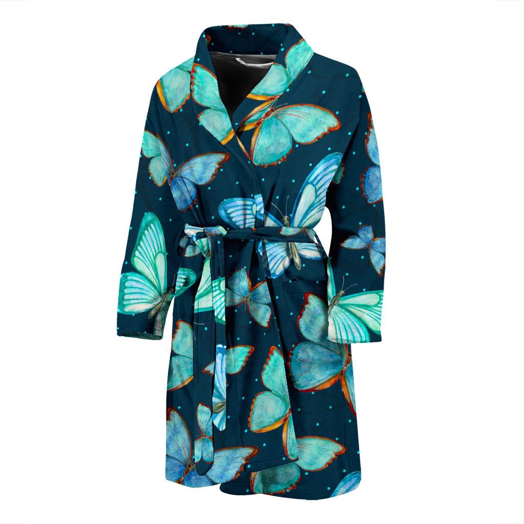 Watercolor Blue Butterfly Pattern Print Men's Bathrobe