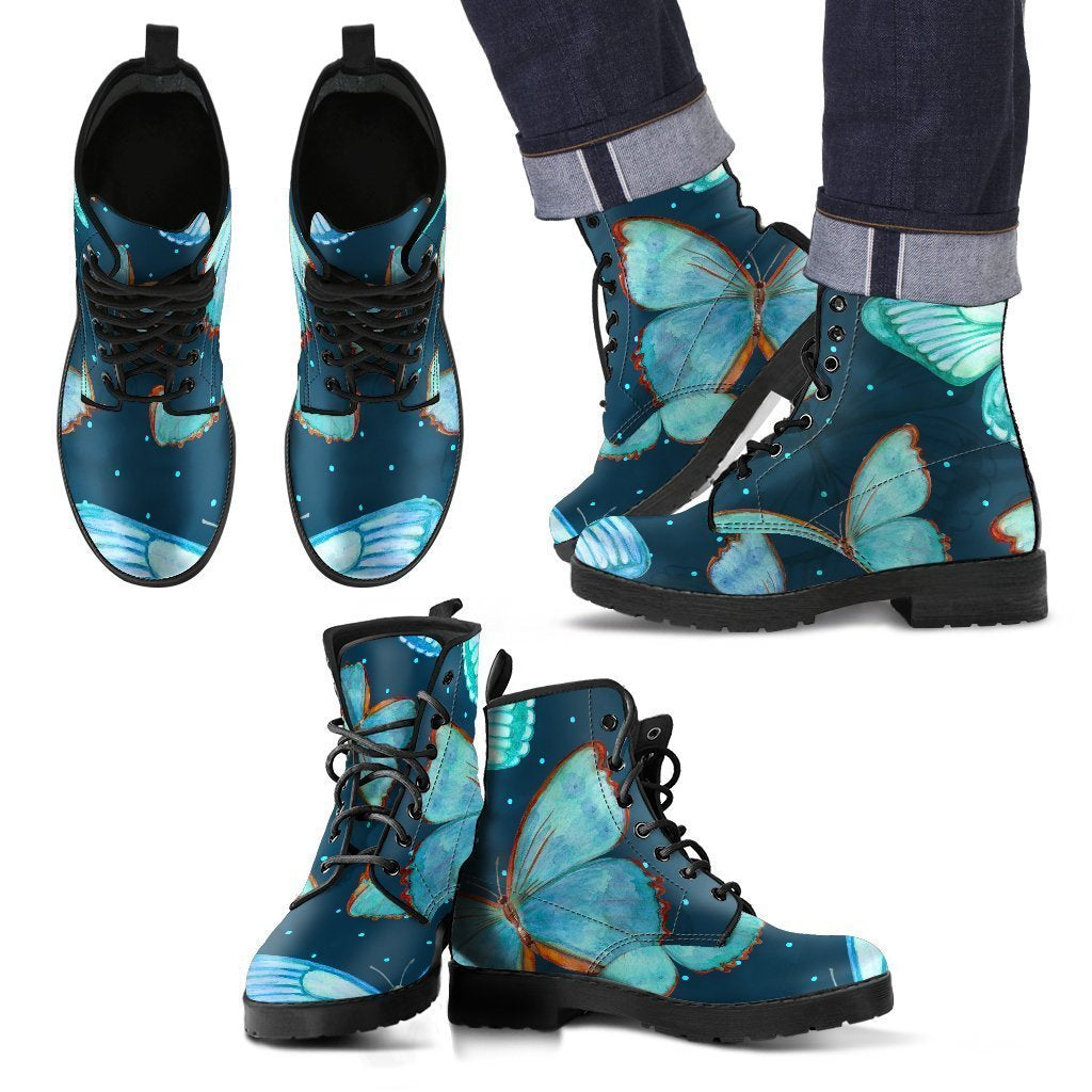 Watercolor Blue Butterfly Pattern Print Men's Boots