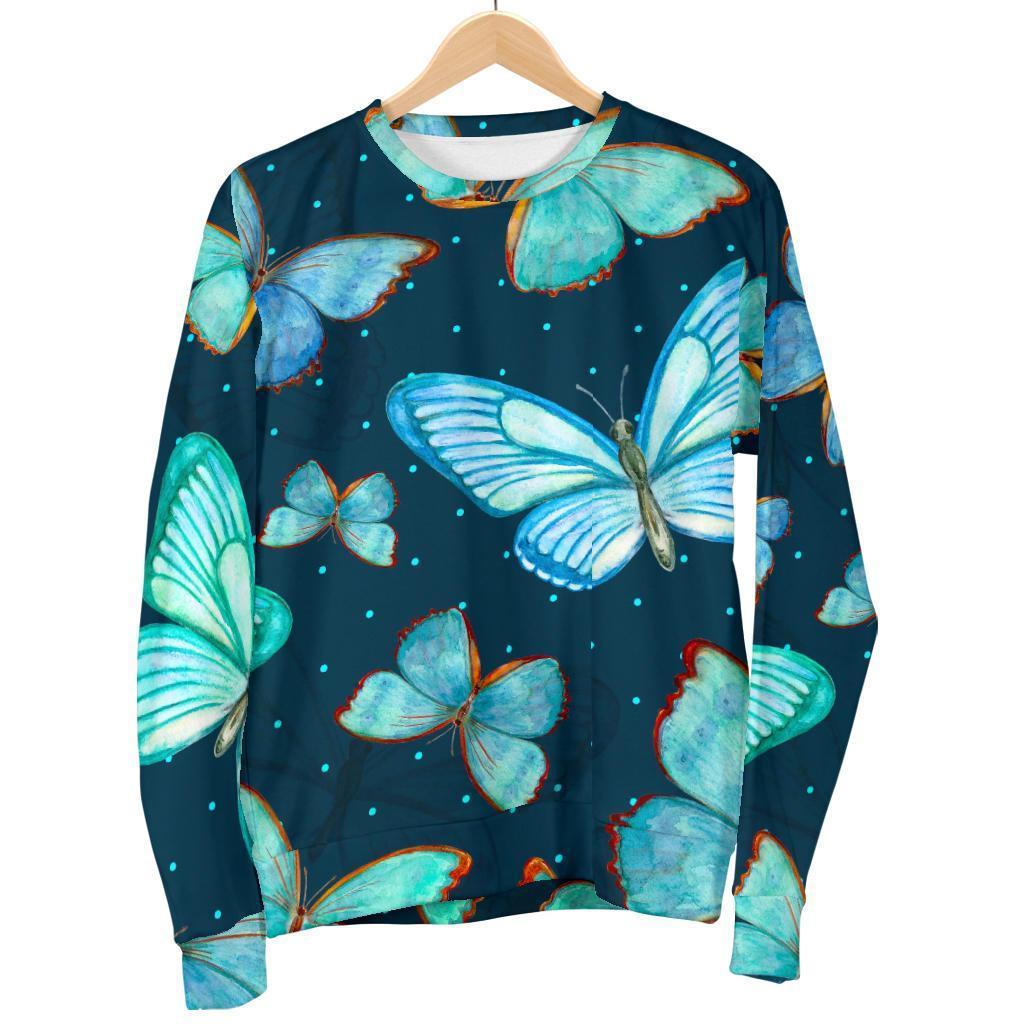 Watercolor Blue Butterfly Pattern Print Men's Crewneck Sweatshirt