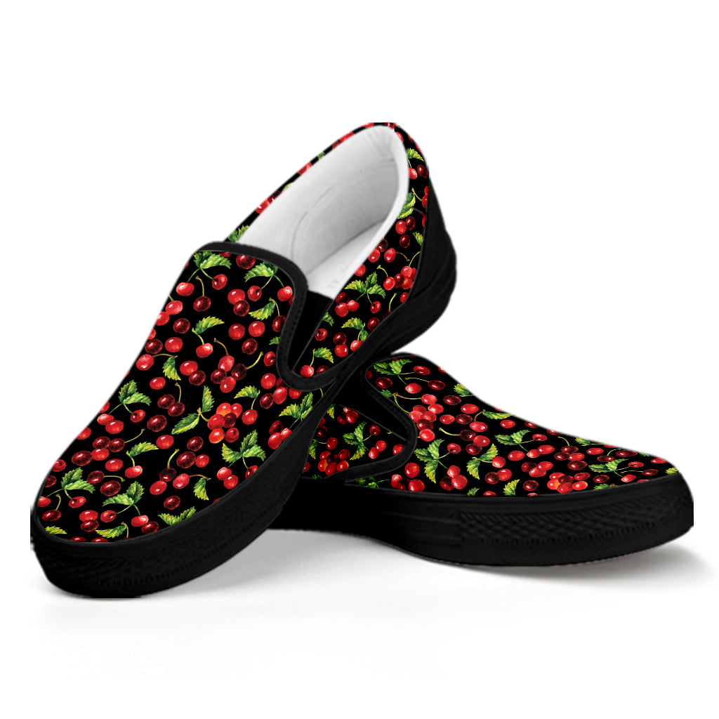 Watercolor Cherry Pattern Print Black Slip On Shoes
