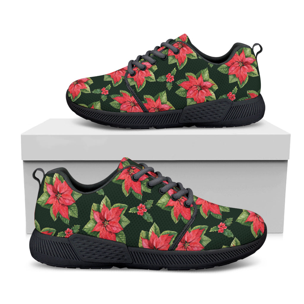 Watercolor Christmas Poinsettia Print Black Athletic Shoes