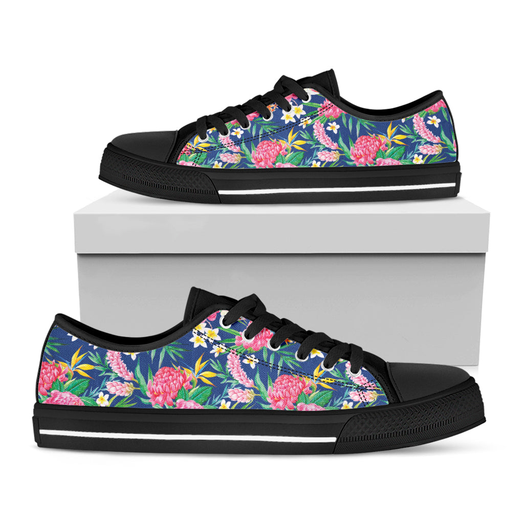 Watercolor Chrysanthemum Pattern Print Black Low Top Shoes