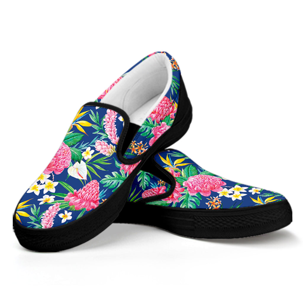 Watercolor Chrysanthemum Pattern Print Black Slip On Shoes