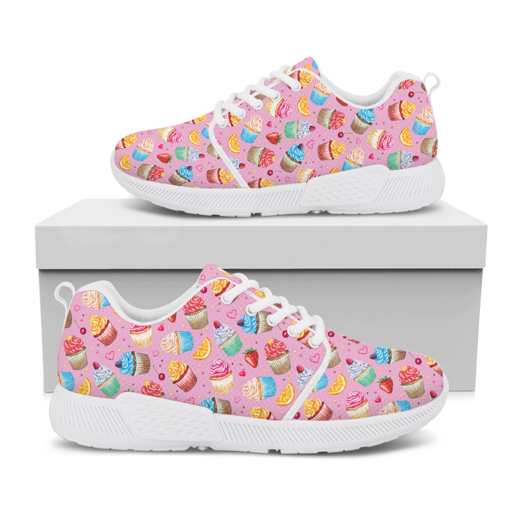 Watercolor Cupcake Pattern Print White Athletic Shoes