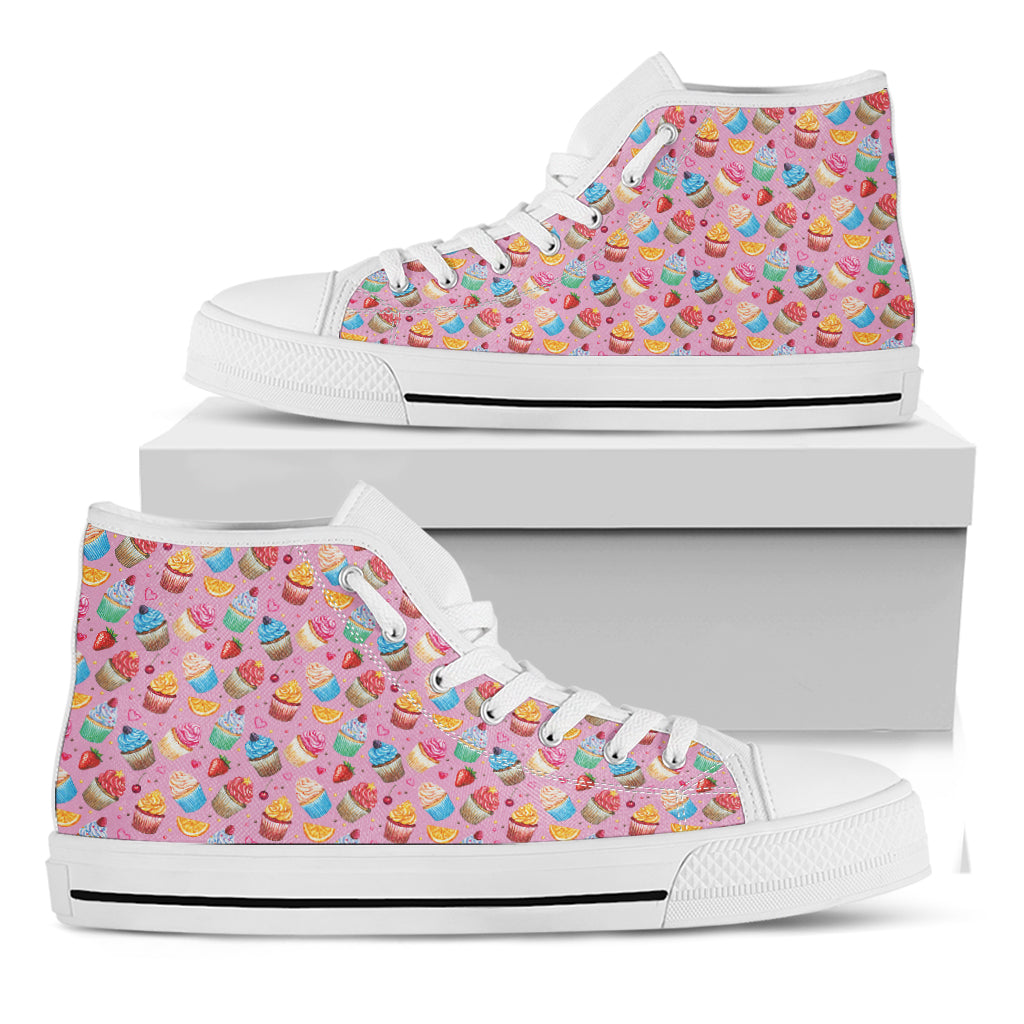 Watercolor Cupcake Pattern Print White High Top Shoes