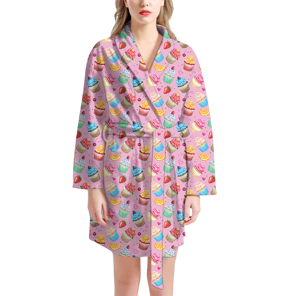 Watercolor Cupcake Pattern Print Women's Bathrobe