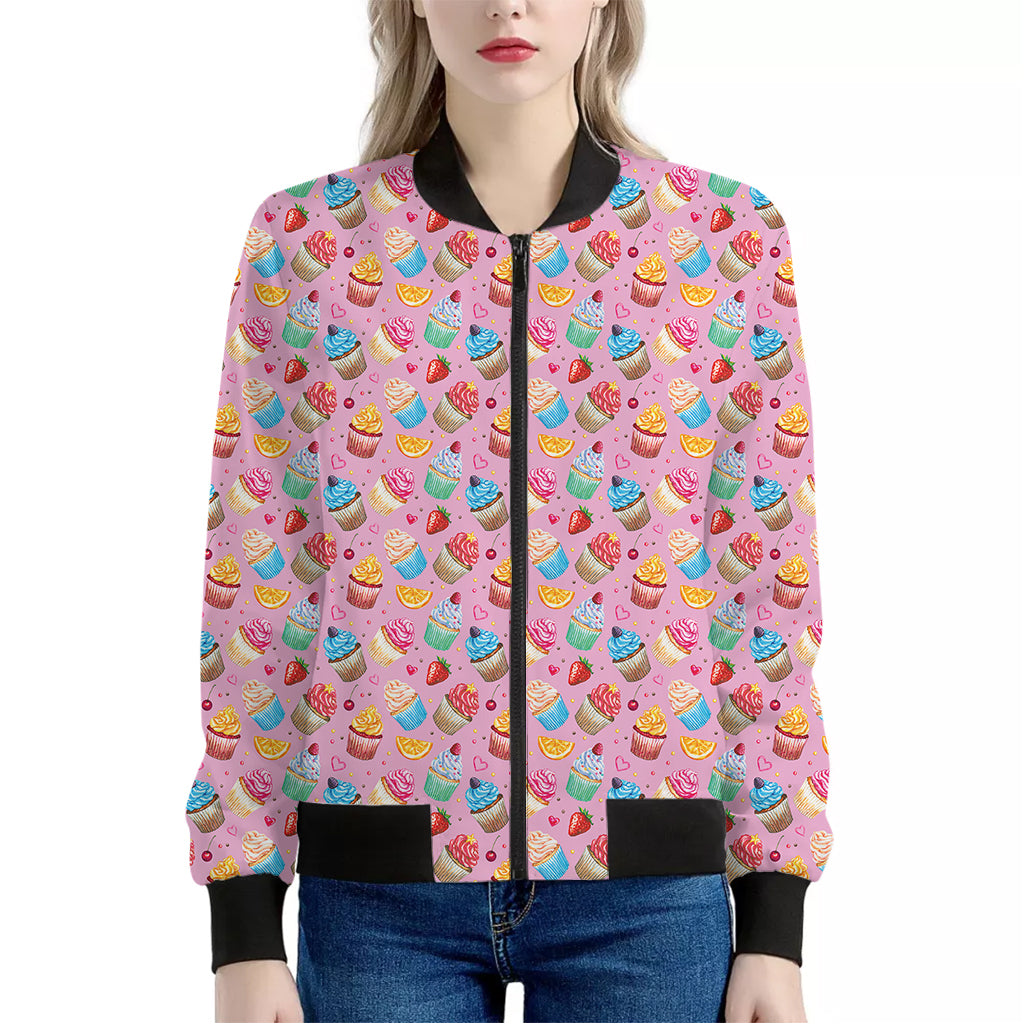 Watercolor Cupcake Pattern Print Women's Bomber Jacket