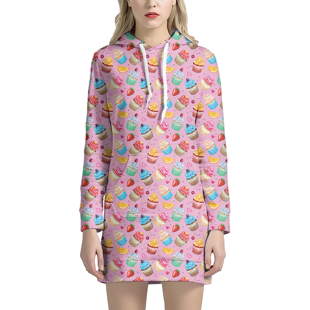 Watercolor Cupcake Pattern Print Women's Pullover Hoodie Dress