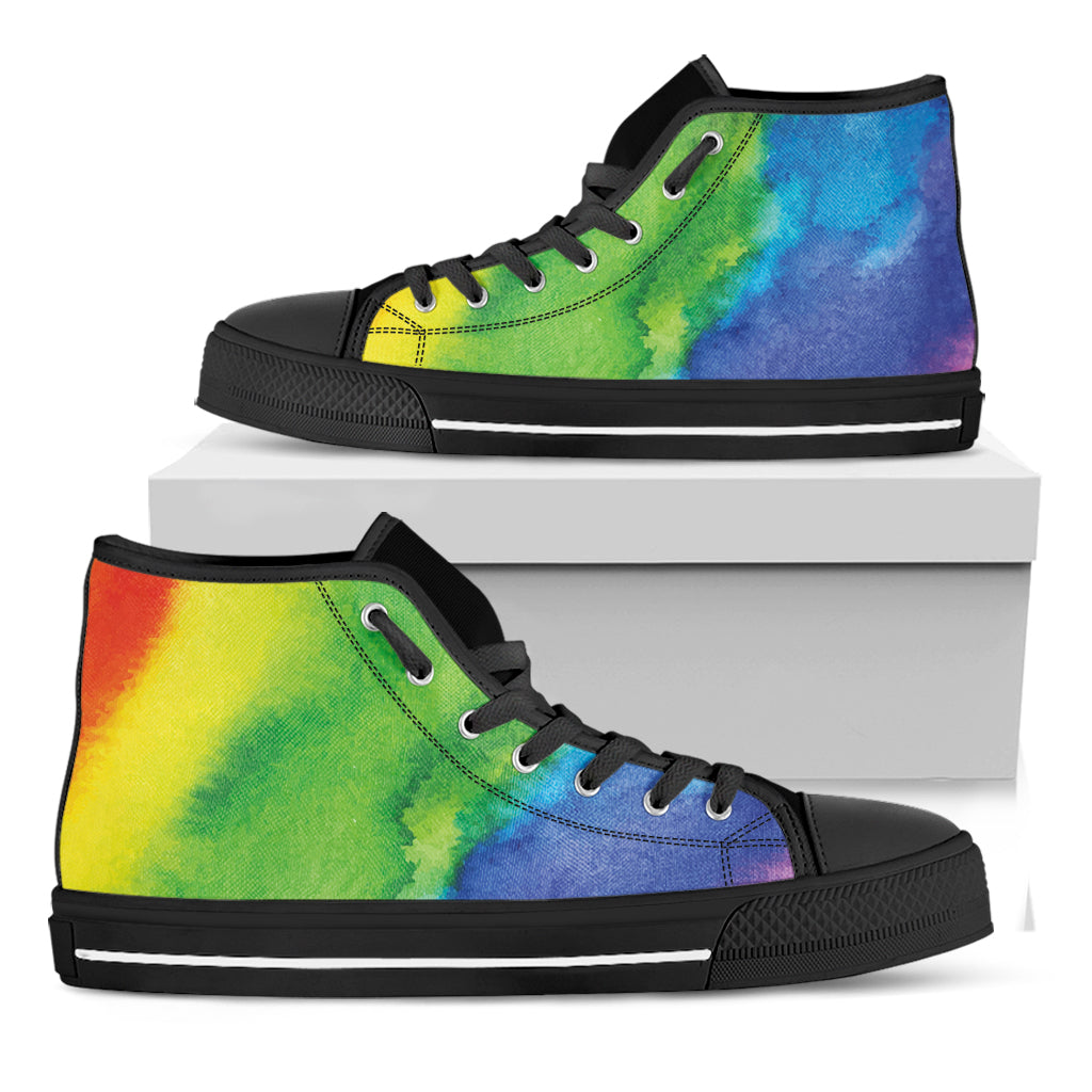 Watercolor Rainbow LGBT Pride Print Black High Top Shoes