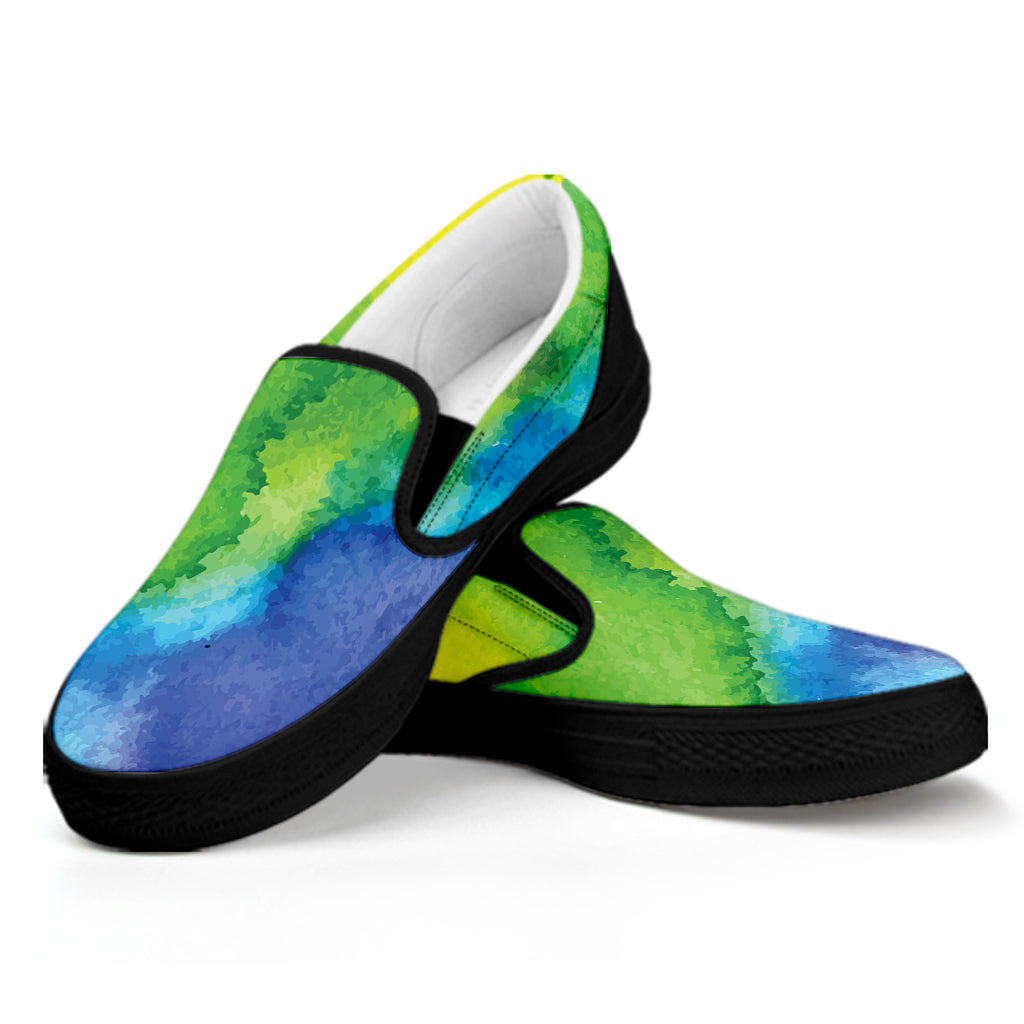 Watercolor Rainbow LGBT Pride Print Black Slip On Shoes