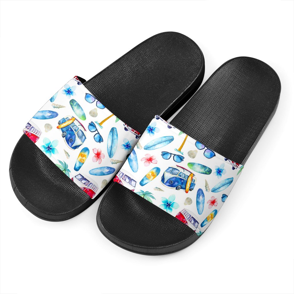 Watercolor Surfing Pattern Print Black Slide Sandals