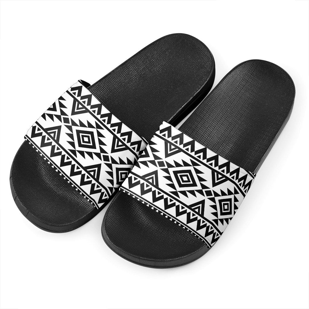 White And Black Aztec Pattern Print Black Slide Sandals