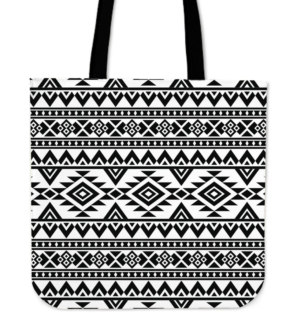 White And Black Aztec Pattern Print Canvas Tote Bag