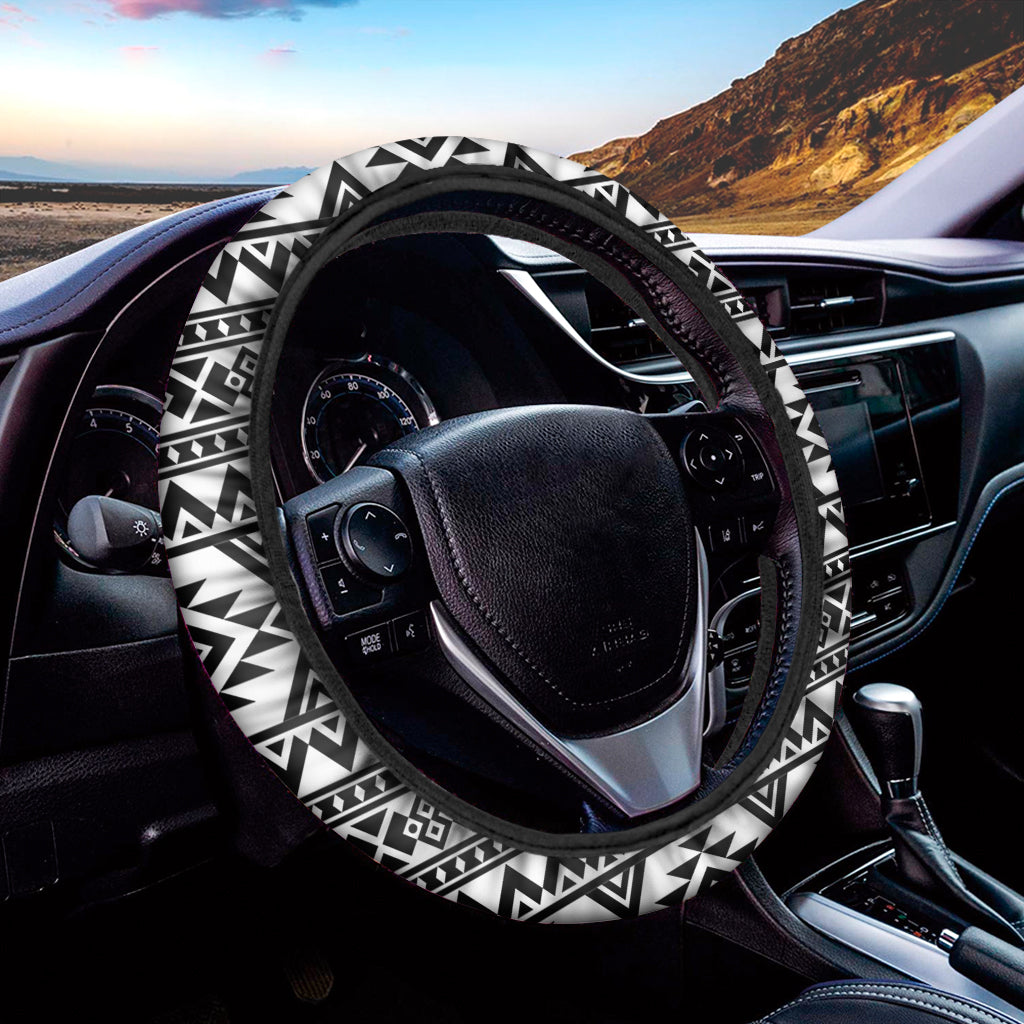 White And Black Aztec Pattern Print Car Steering Wheel Cover