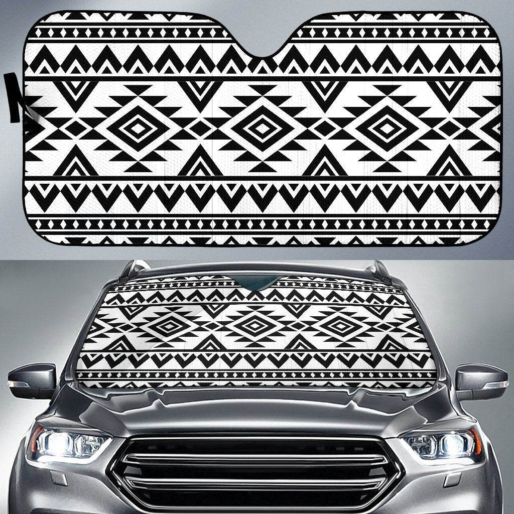 White And Black Aztec Pattern Print Car Sun Shade