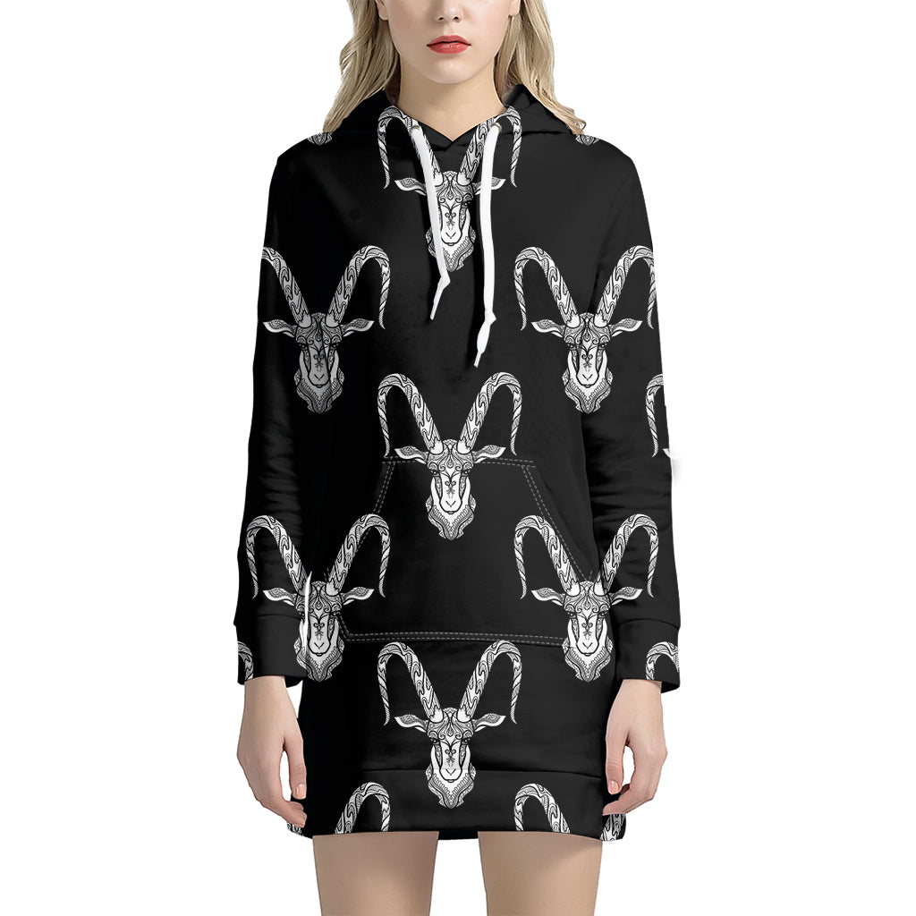 White And Black Capricorn Sign Print Women's Pullover Hoodie Dress