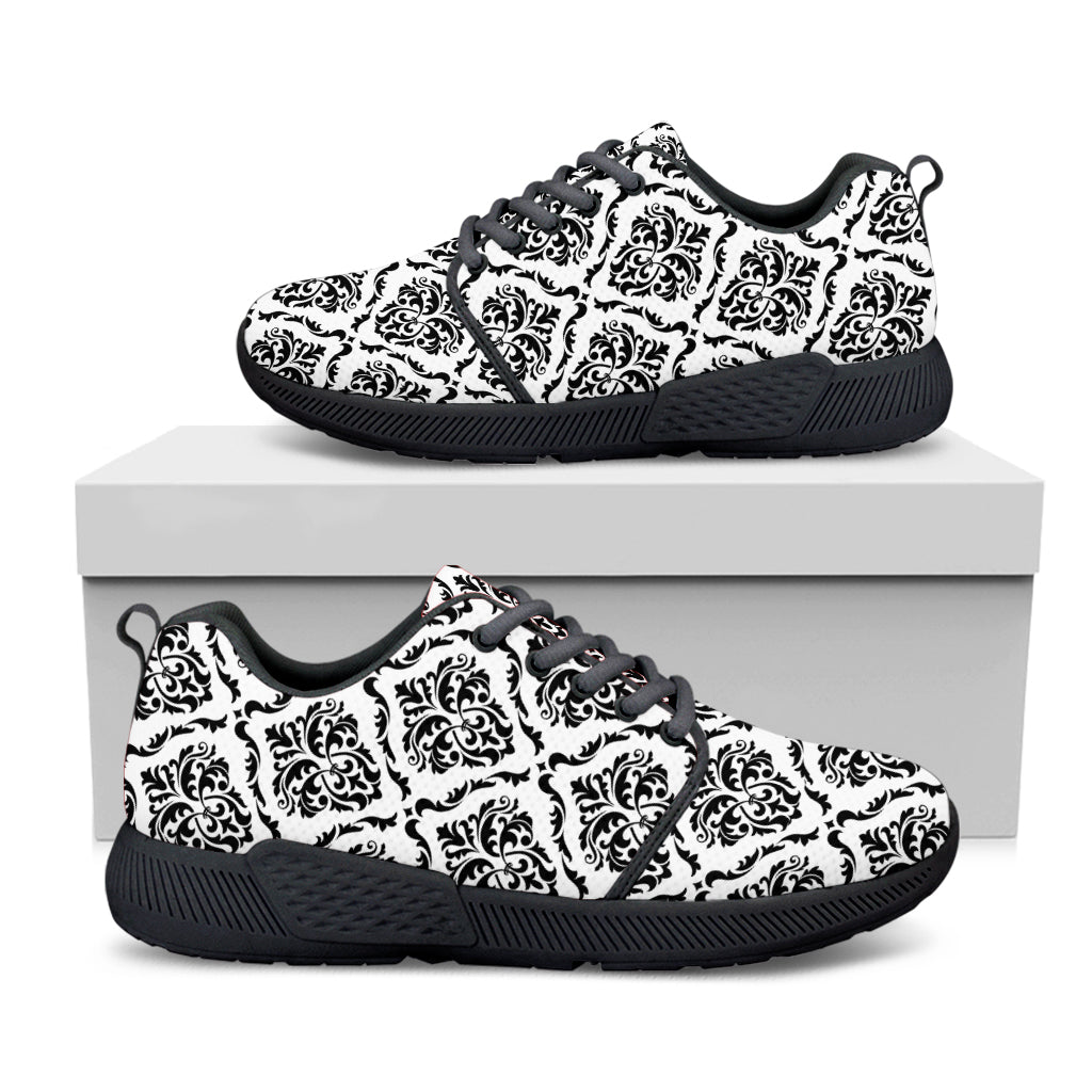 White And Black Damask Pattern Print Black Athletic Shoes