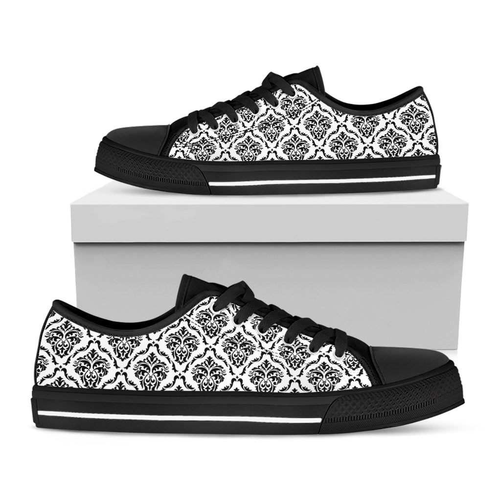 White And Black Damask Pattern Print Black Low Top Shoes