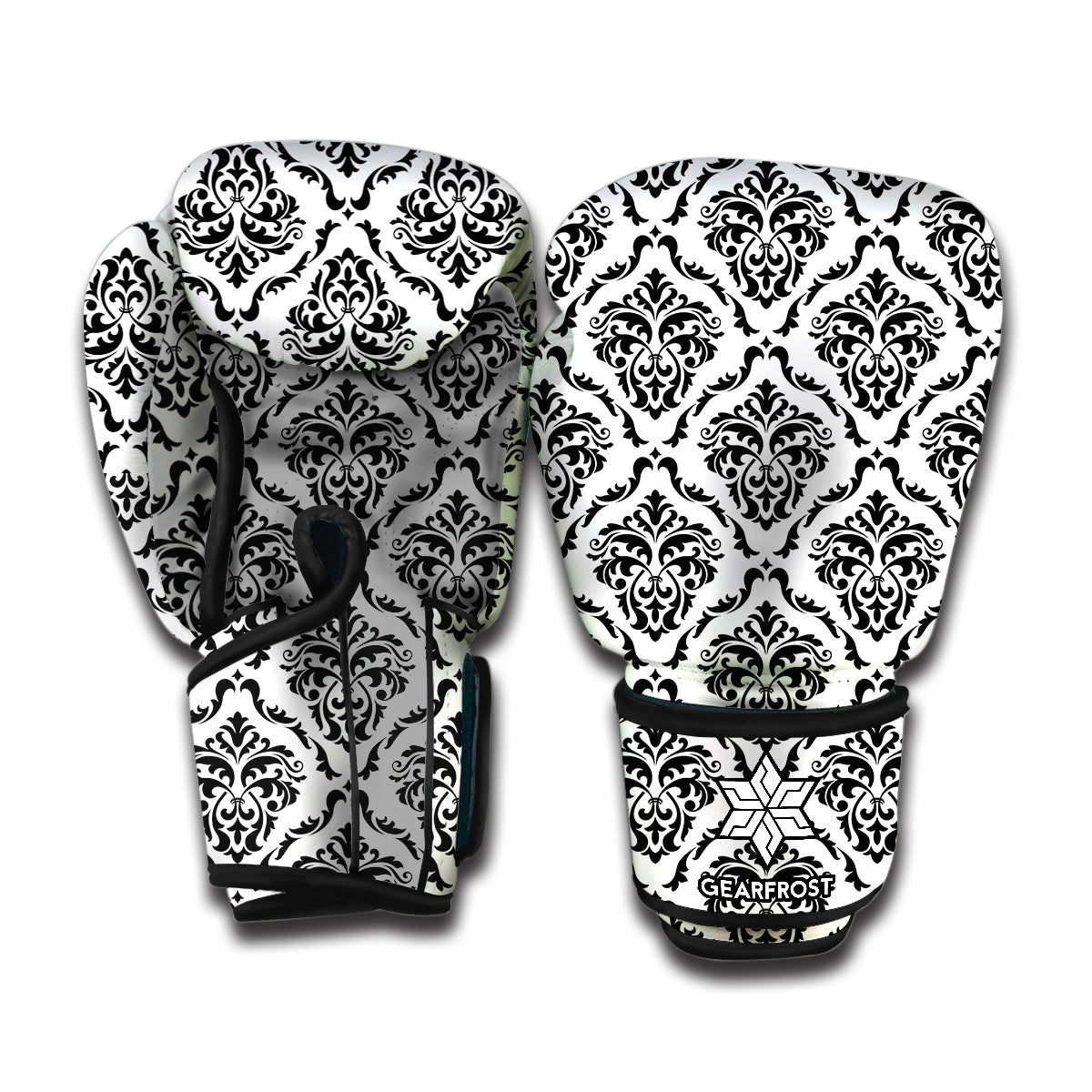 White And Black Damask Pattern Print Boxing Gloves
