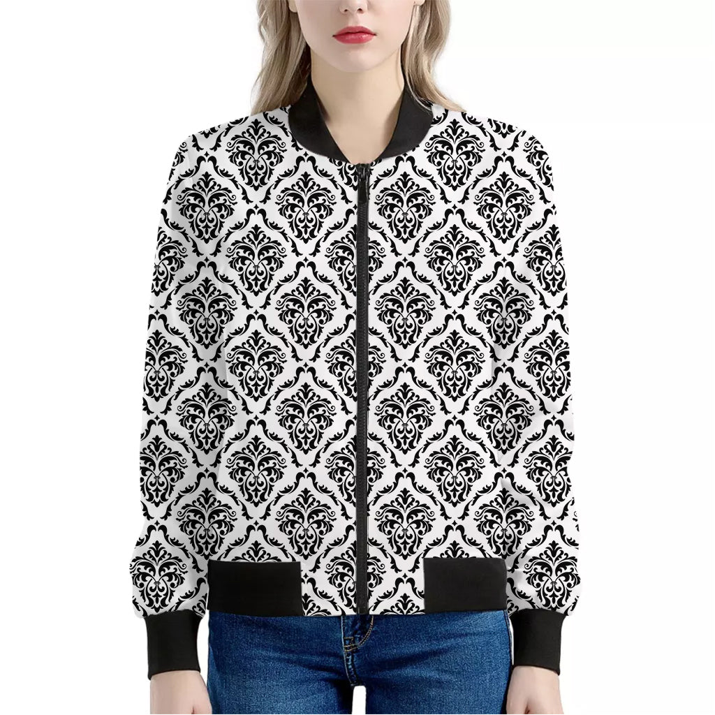 White And Black Damask Pattern Print Women's Bomber Jacket