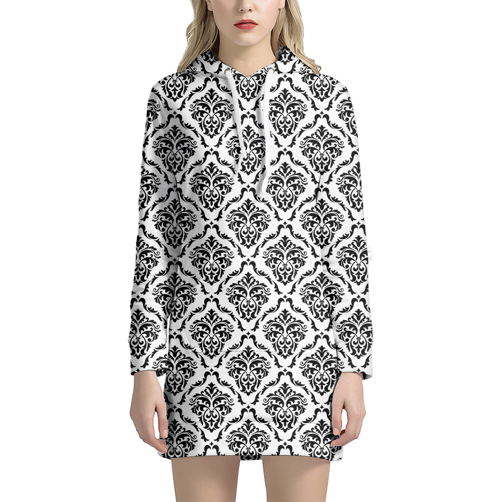 White And Black Damask Pattern Print Women's Pullover Hoodie Dress