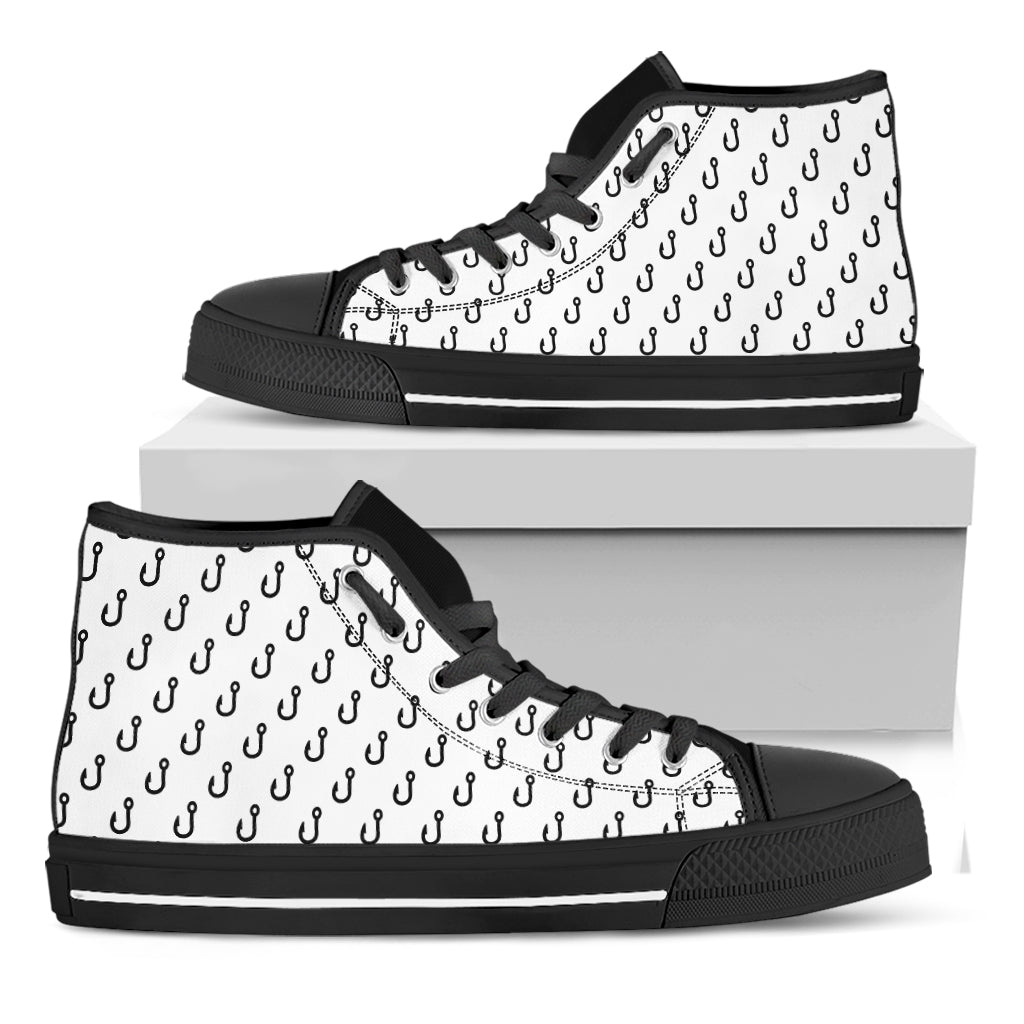 White And Black Fishing Hooks Print Black High Top Shoes