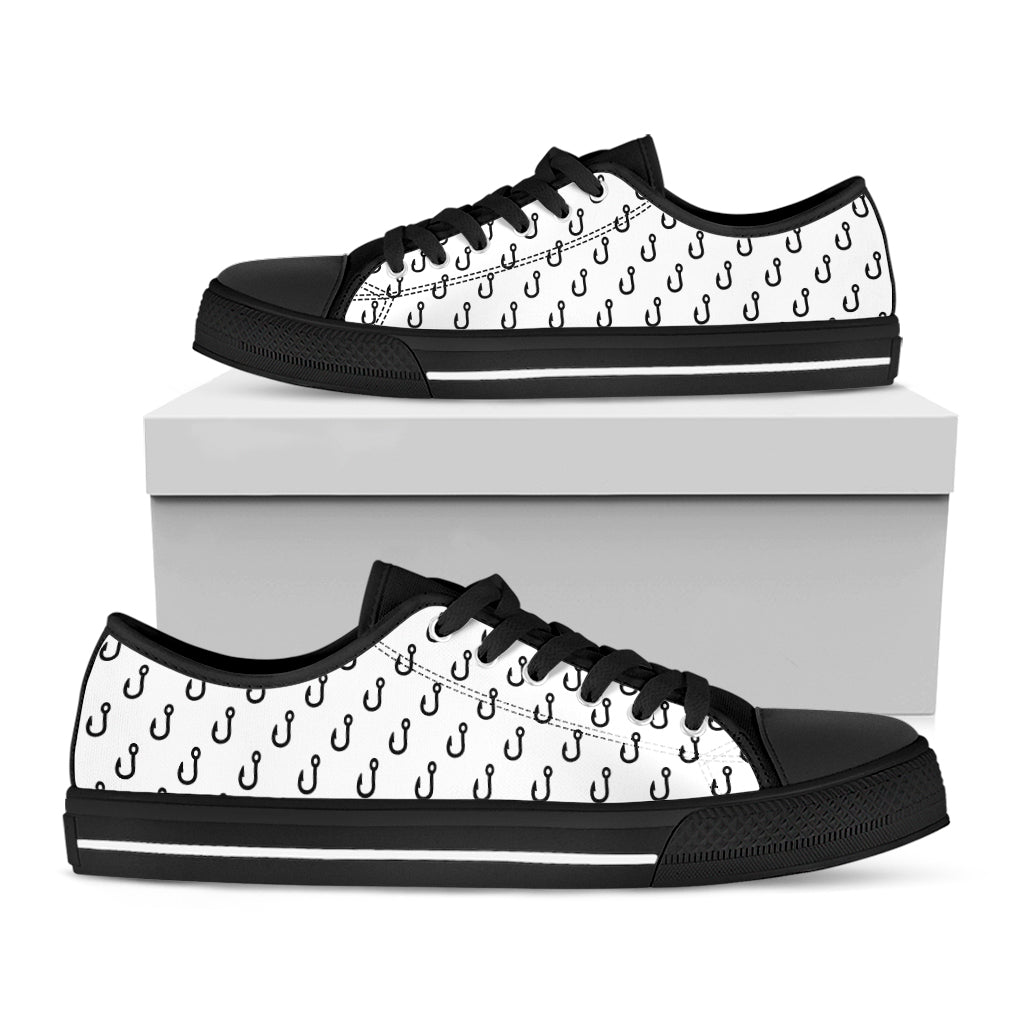 White And Black Fishing Hooks Print Black Low Top Shoes