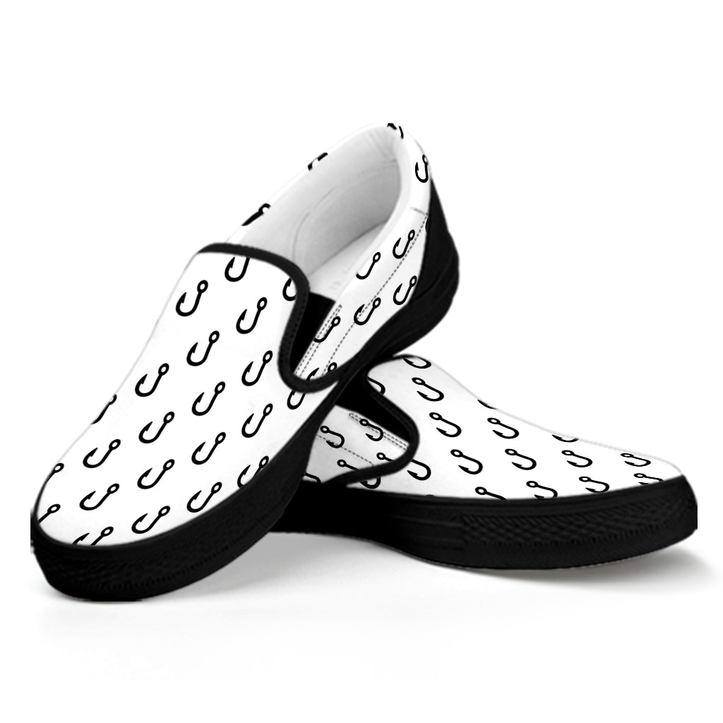 White And Black Fishing Hooks Print Black Slip On Shoes