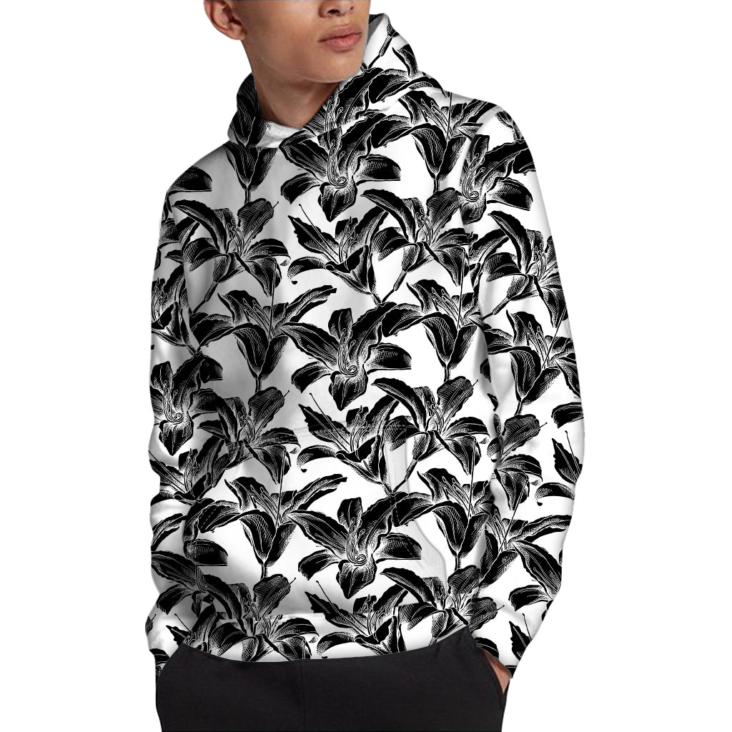 White And Black Lily Pattern Print Pullover Hoodie