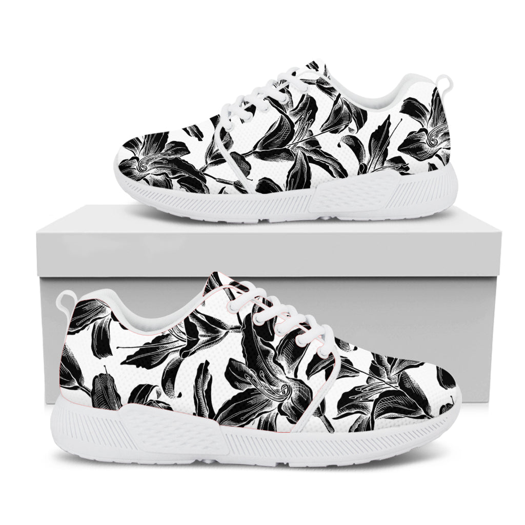 White And Black Lily Pattern Print White Athletic Shoes