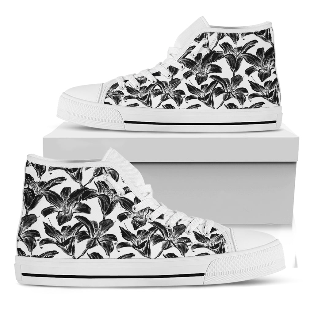 White And Black Lily Pattern Print White High Top Shoes