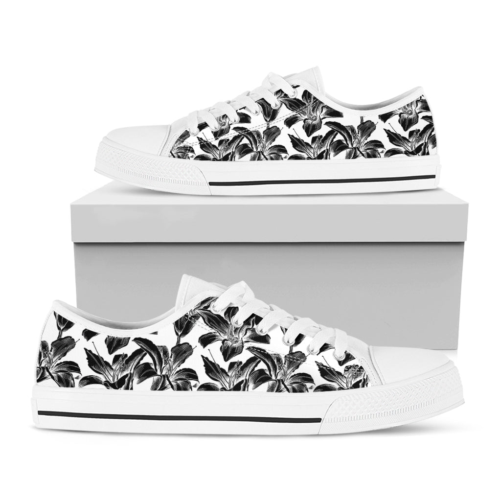 White And Black Lily Pattern Print White Low Top Shoes