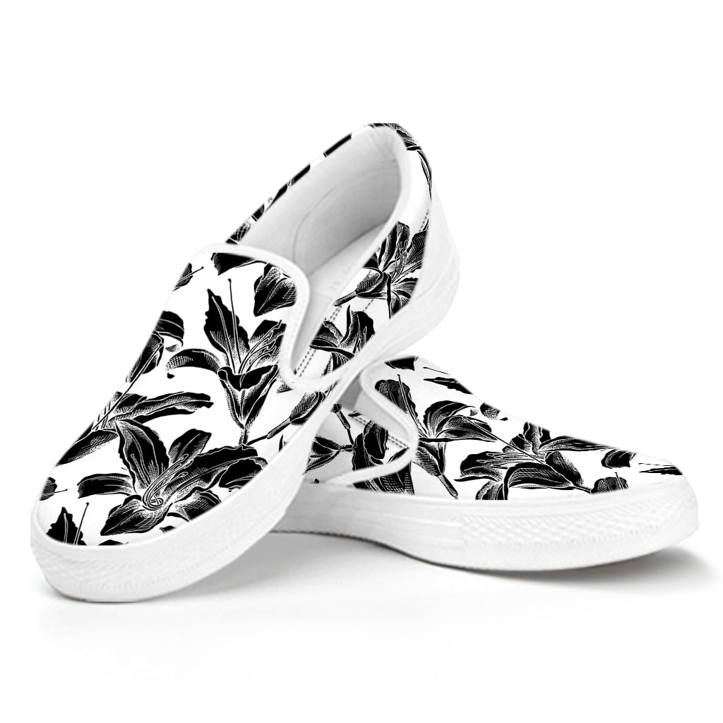 White And Black Lily Pattern Print White Slip On Shoes