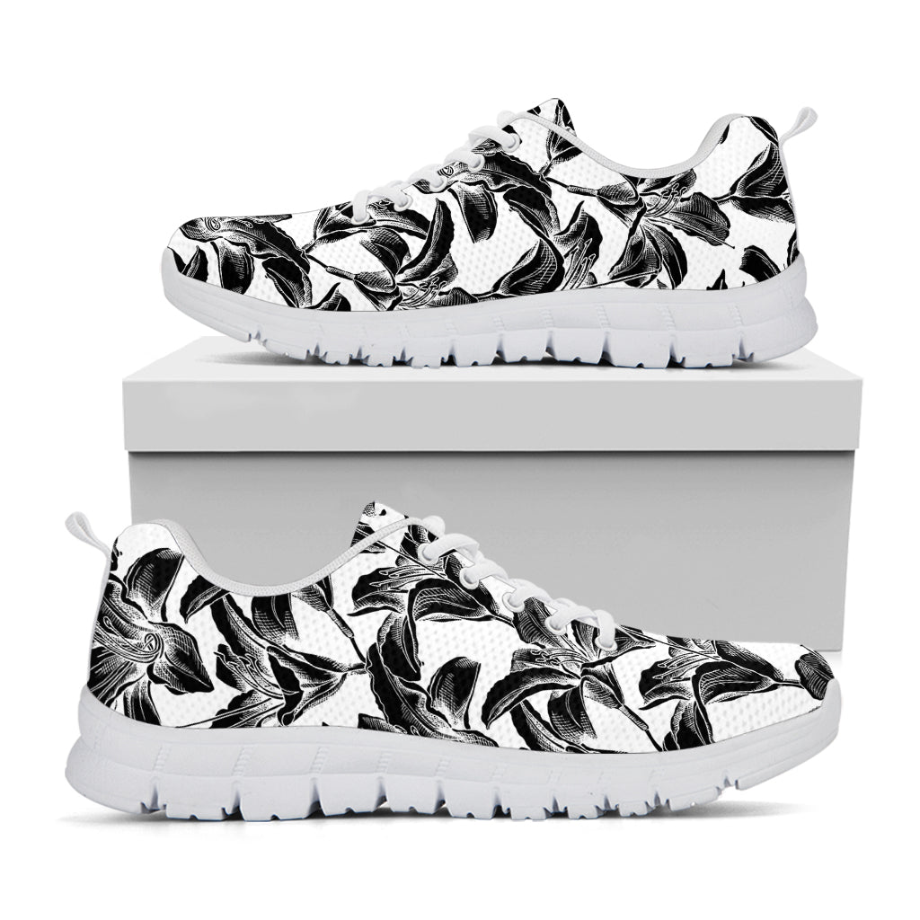 White And Black Lily Pattern Print White Sneakers