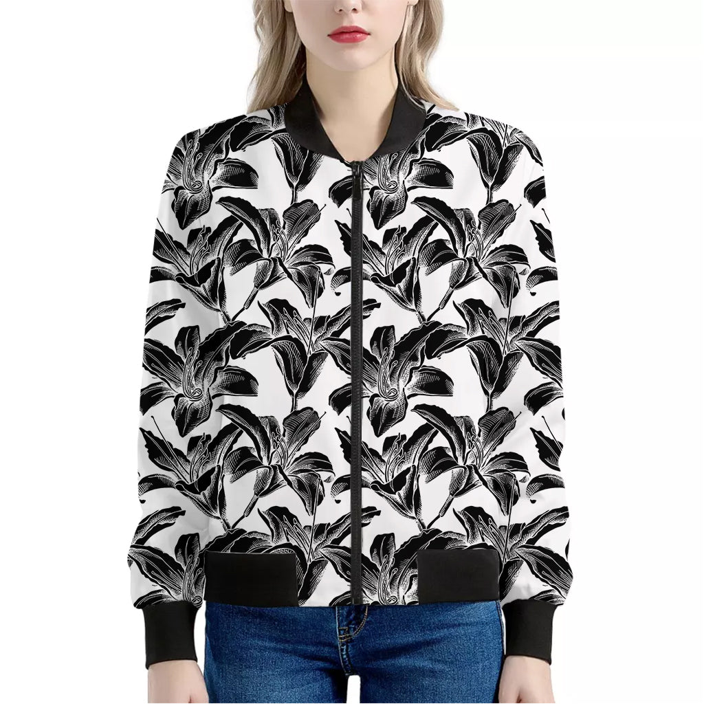 White And Black Lily Pattern Print Women's Bomber Jacket
