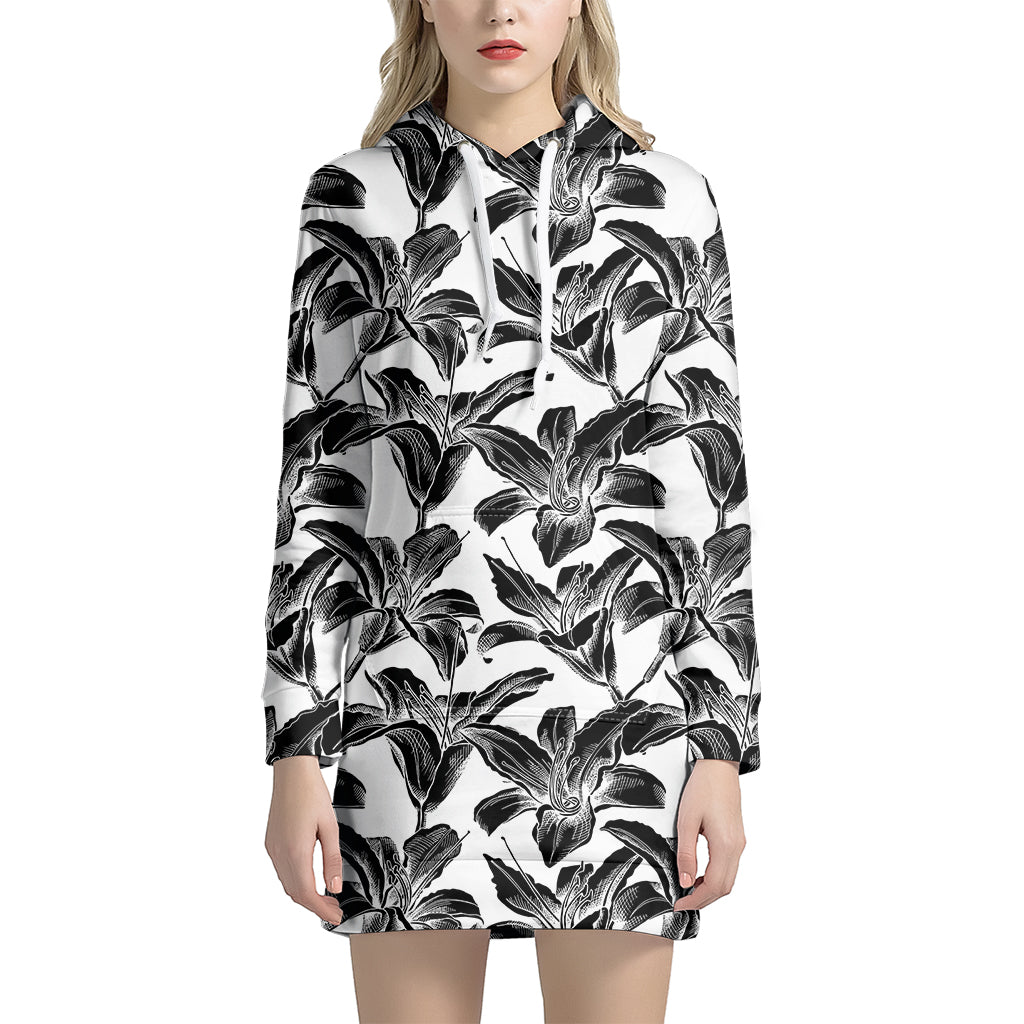 White And Black Lily Pattern Print Women's Pullover Hoodie Dress