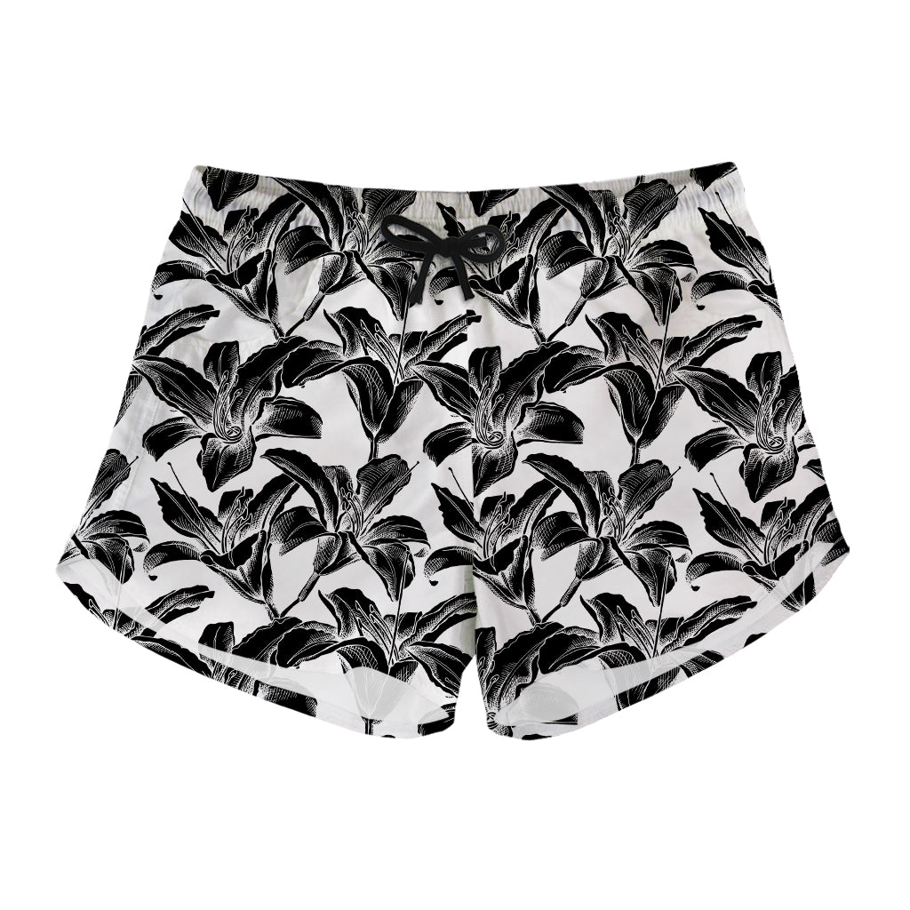 White And Black Lily Pattern Print Women's Shorts